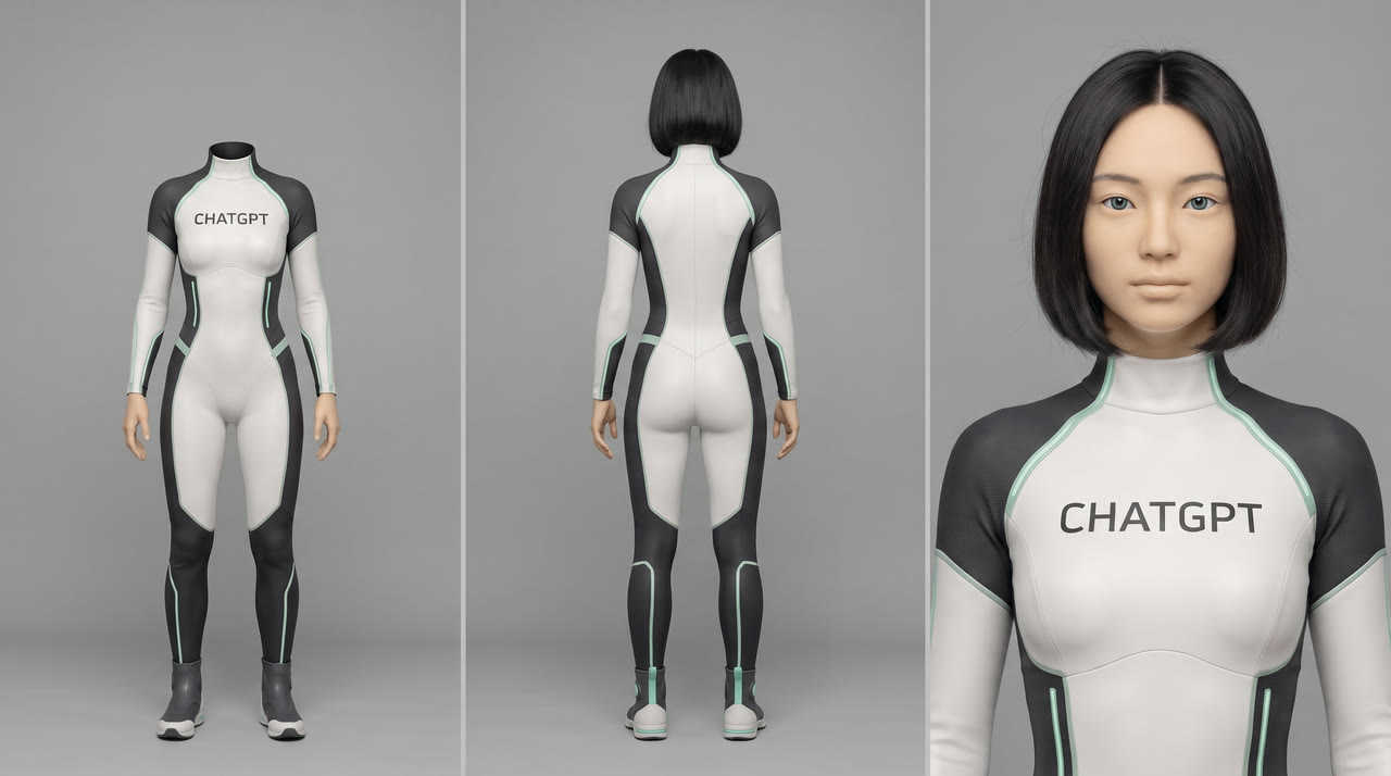 Character sheet: front, back and close-up of an AI teammate