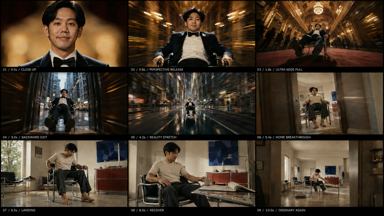 Nine-panel storyboard for the showreel ending